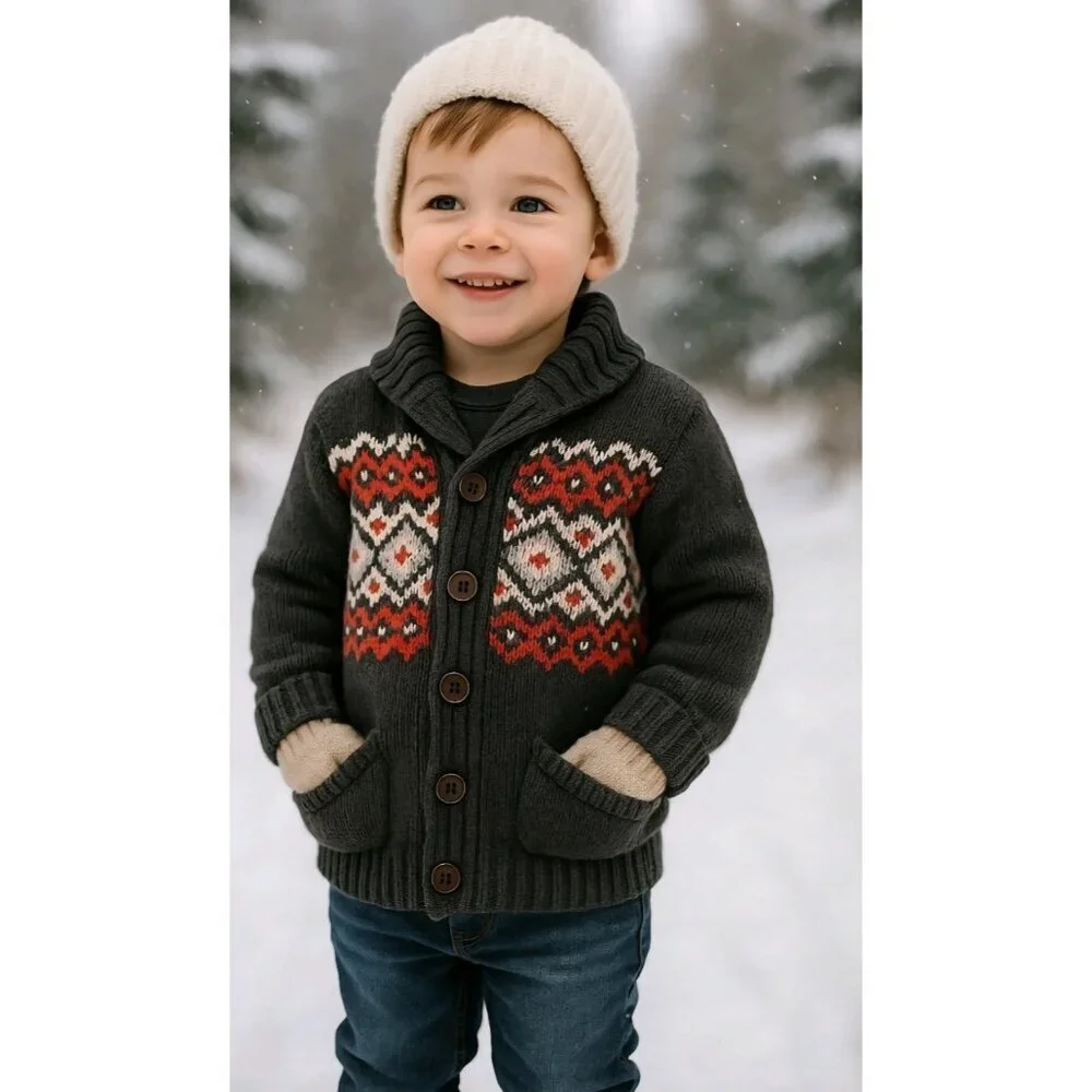 OshKosh B’gosh Fair Isle Cardigan Sweater Size 7X Thick Knit Nordic Gray Red
